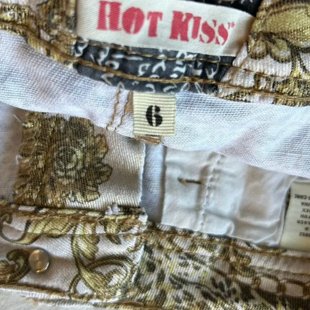 Vintage Y2K Hot Kiss Gold Metallic Print Denim Skirt